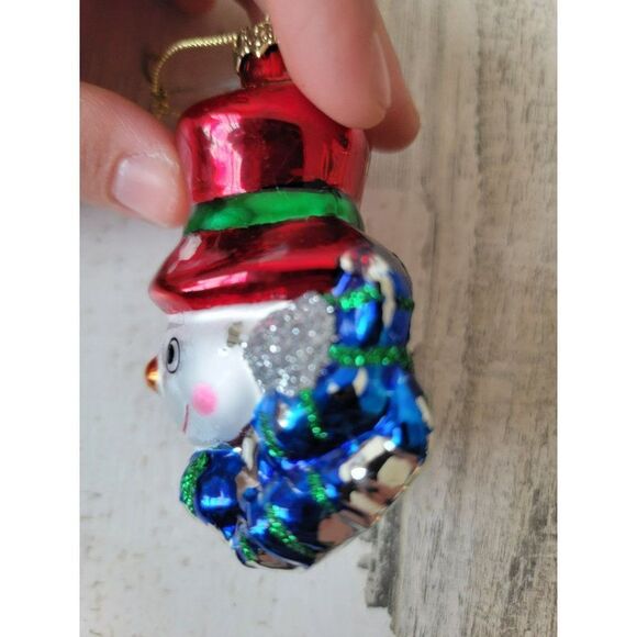 Snowman face glitter mistletoe blown glass ornament Xmas - Picture 3 of 9